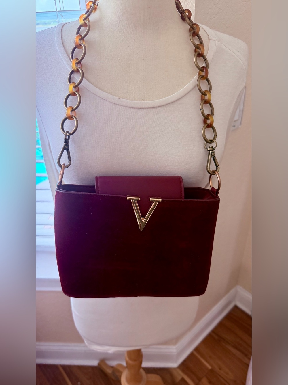Unbranded Burgundy Velvet Shoulder Bag with Gold V Accent